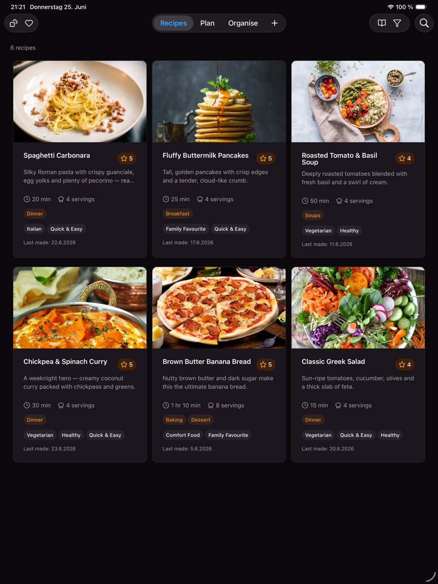 Sizzzle on iPad — a three-column recipe grid with a top navigation bar