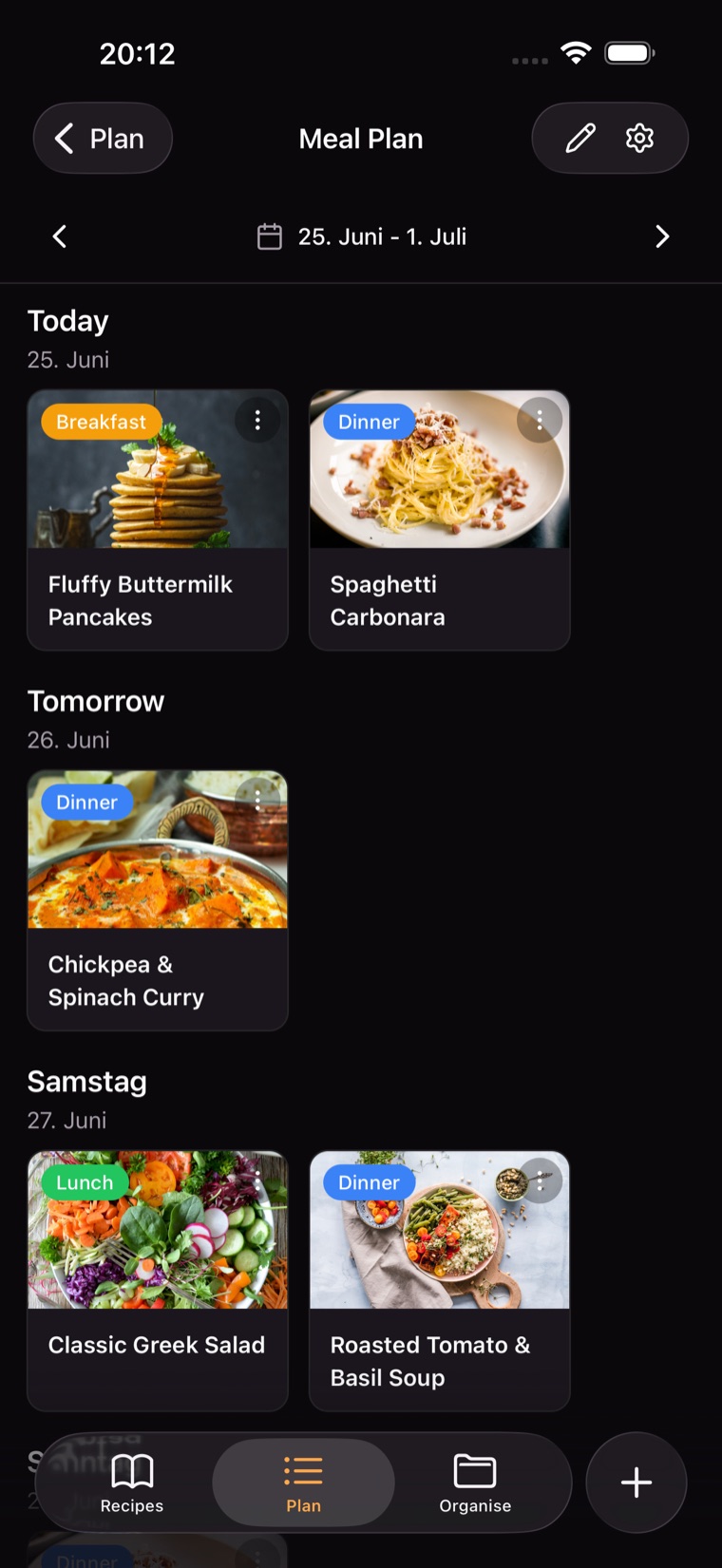 A shared seven-day meal plan, scrolled week to week