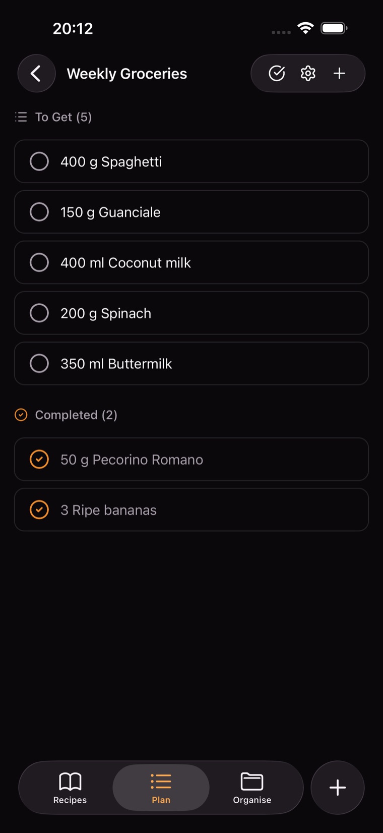 Shopping list — items grouped, with completed ones below