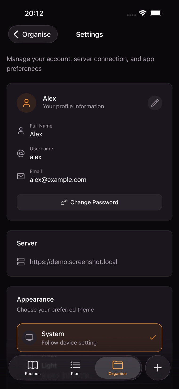 Settings — theme, language and your server connection